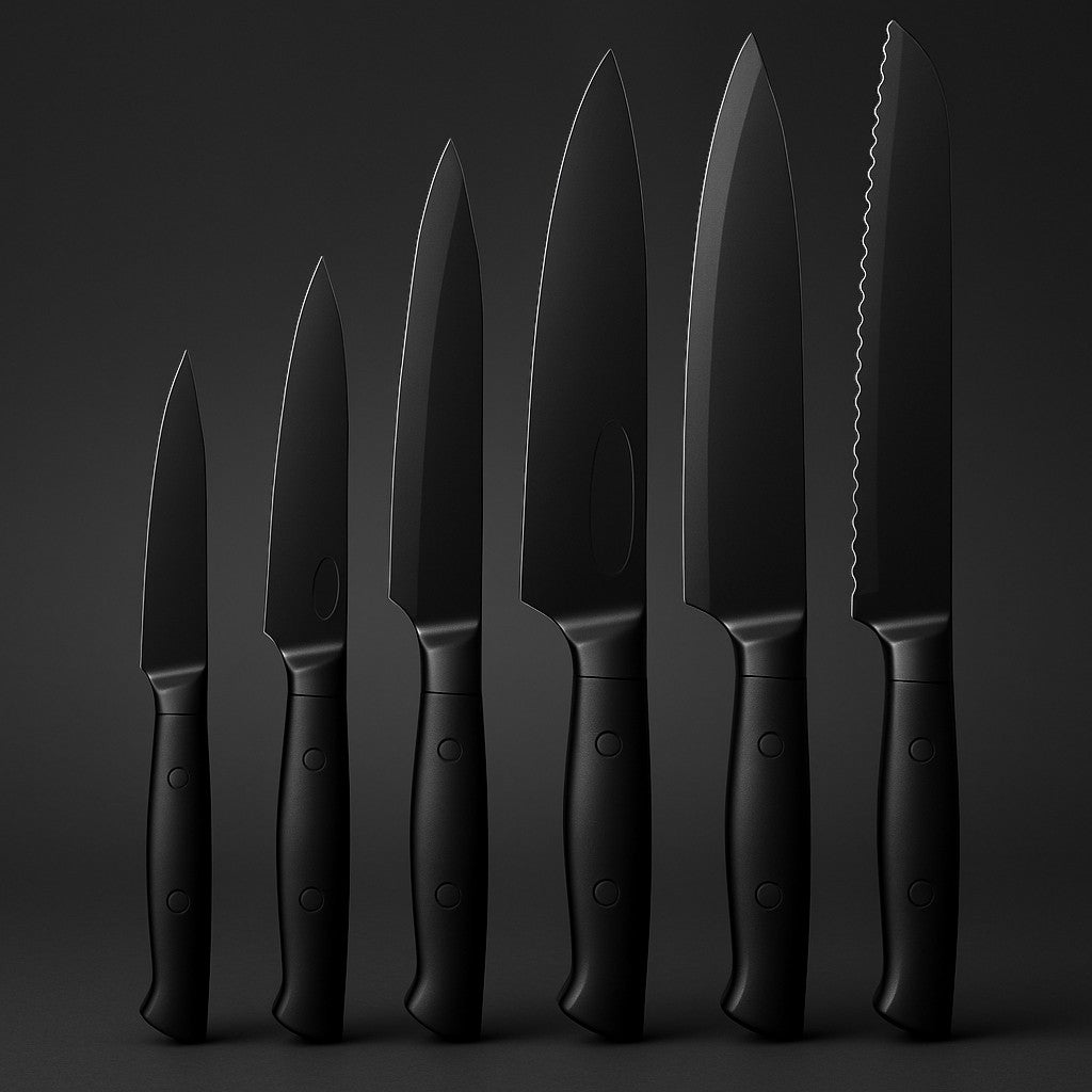 6-Piece Kitchen Knife Set Black Non-Stick With Sheaths