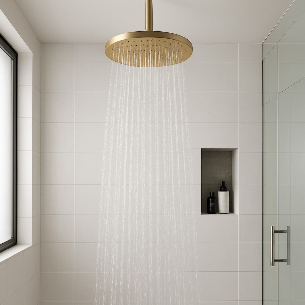 Brushed gold rainfall shower head lifestyle 1