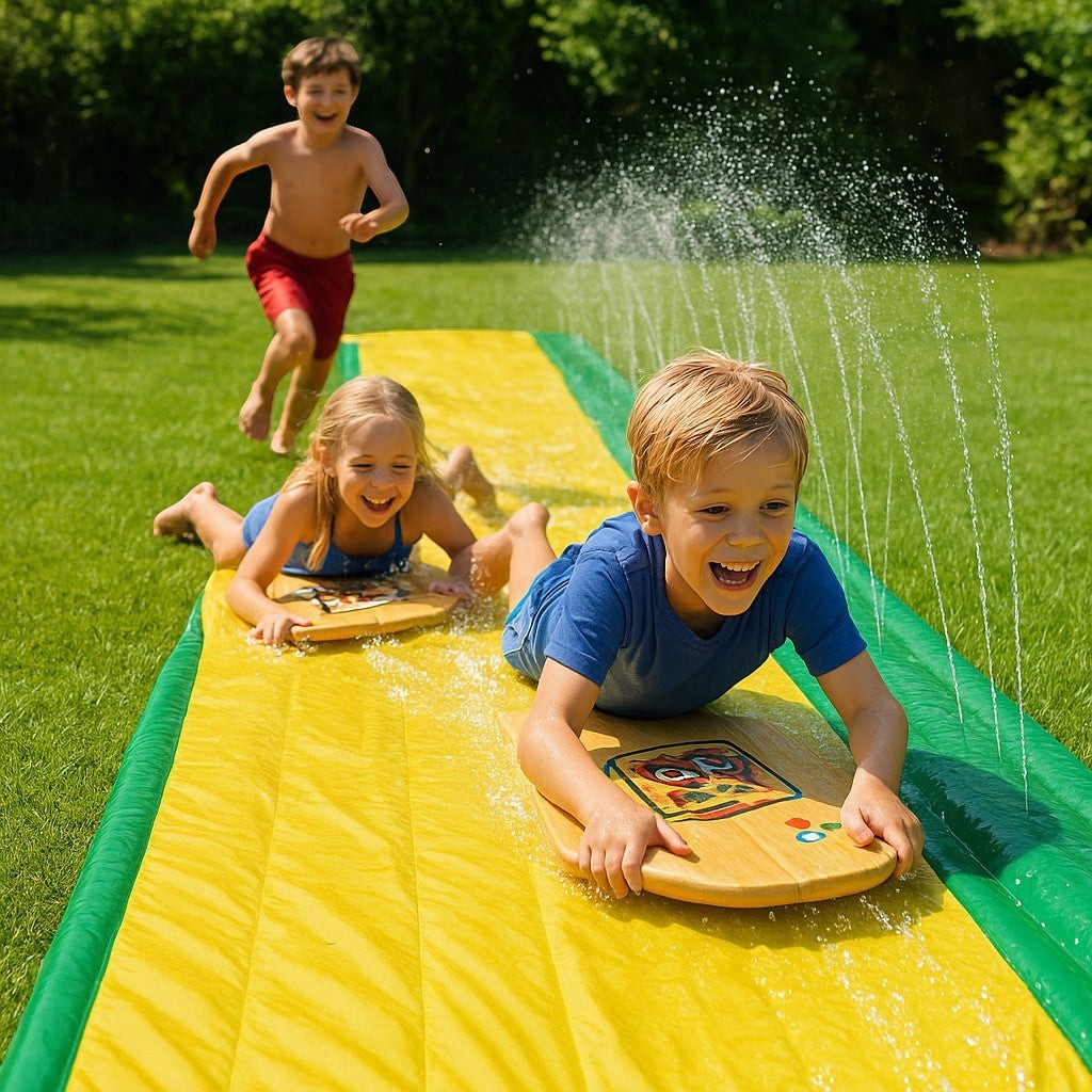 Kids racing down 40FT yellow green slip and slide in backyard