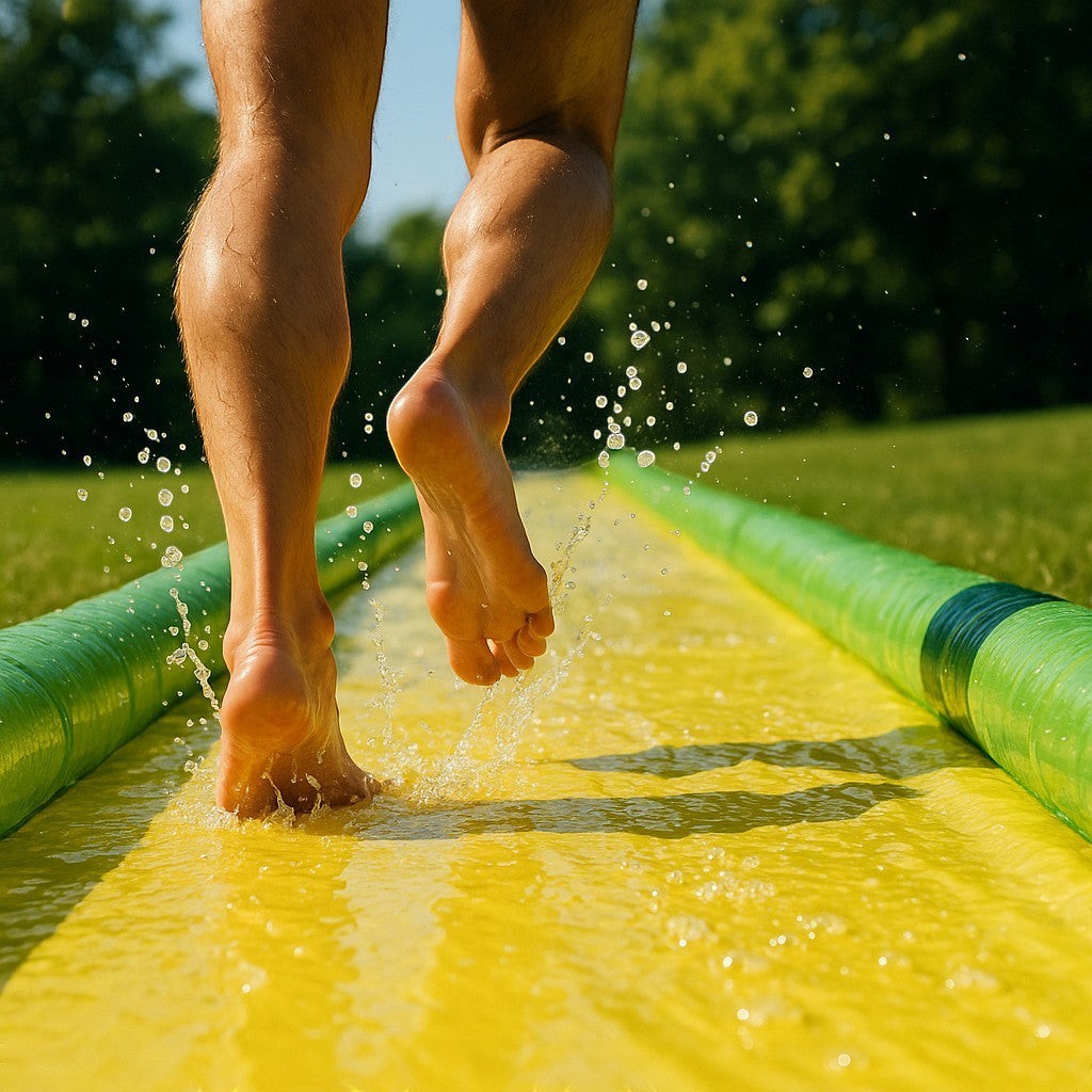 Bare feet running on wet yellow slip and slide lane