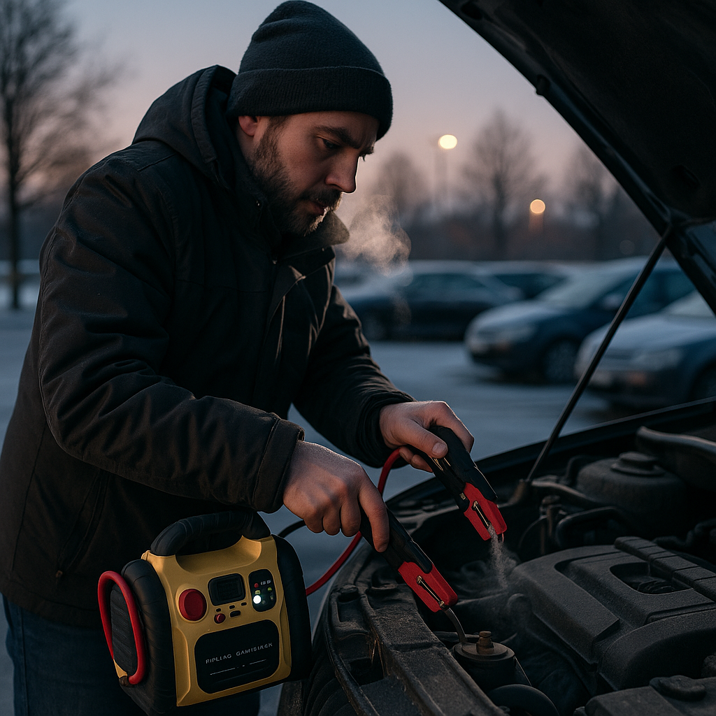 Man clamping portable jump starter to car battery