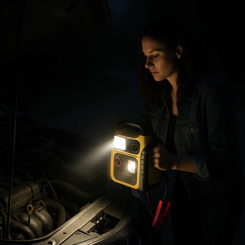 LED work light illuminating engine bay at night