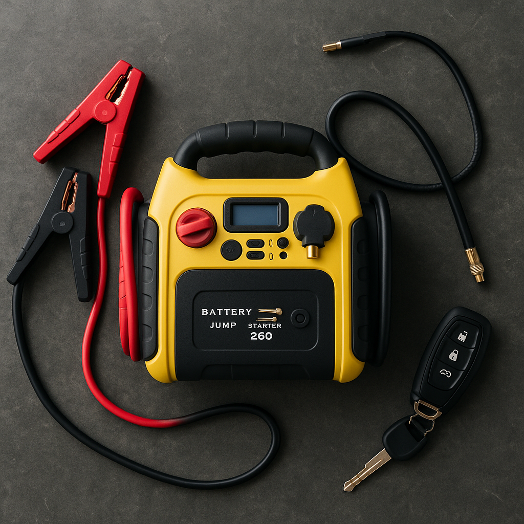 Flat lay 4-in-1 portable jump starter clamps USB hose