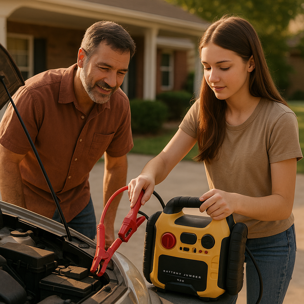 Dad teaching daughter to jump start car with battery pack