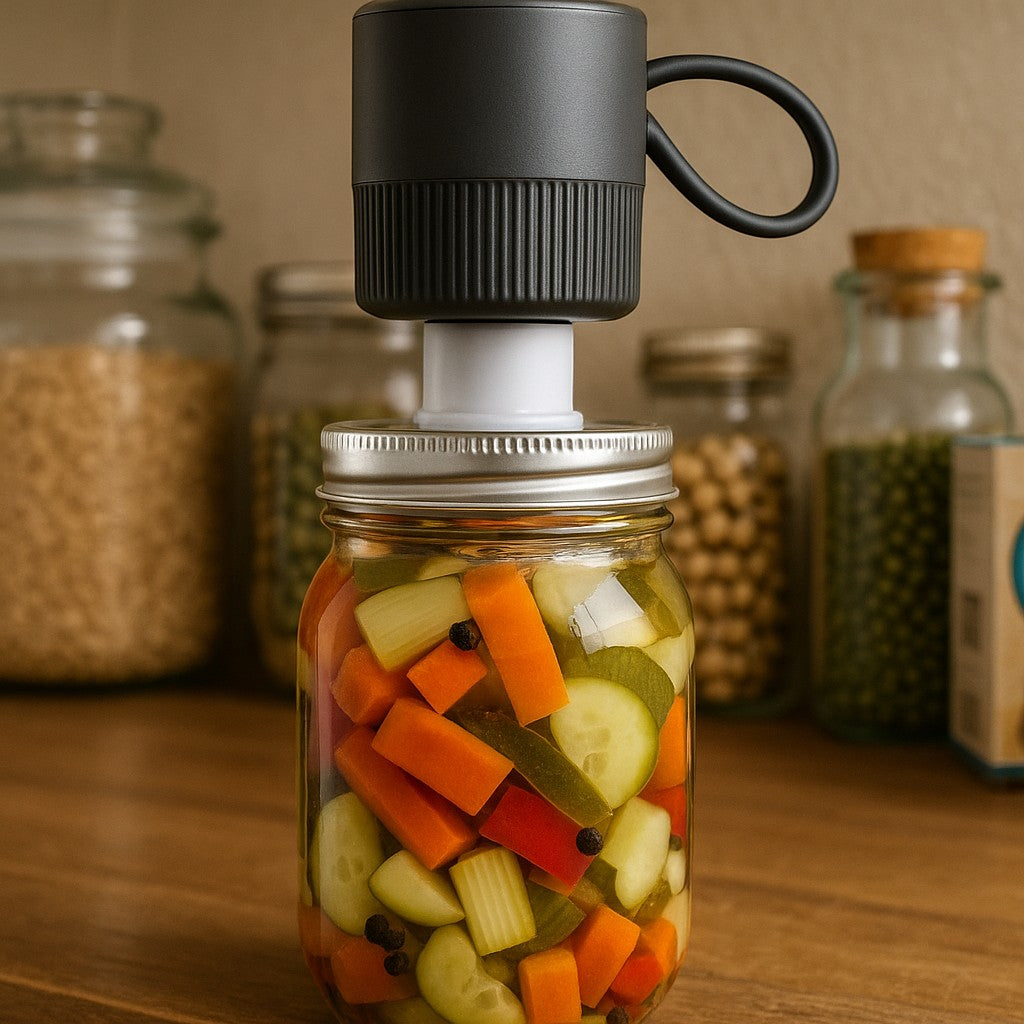 Vacuum sealer pulling air from pickled vegetable jar