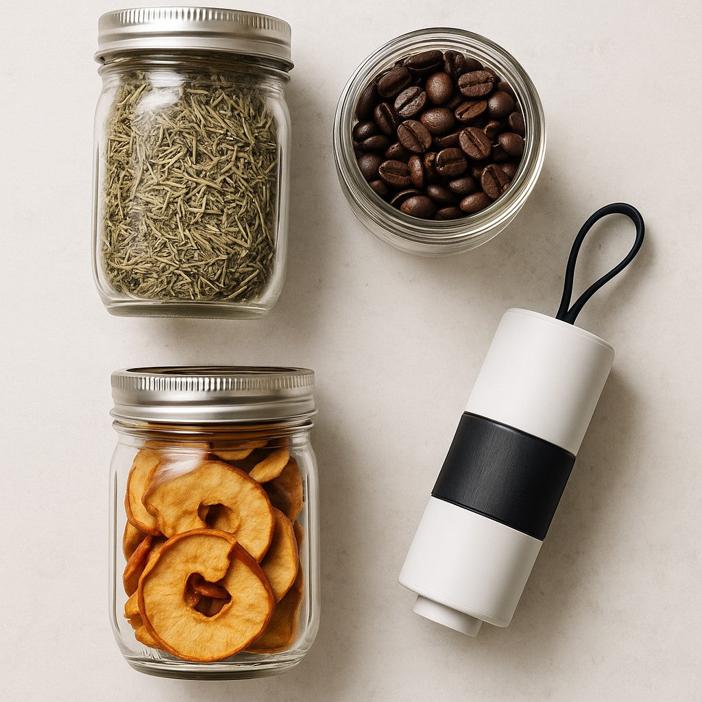Pantry flat lay mason jars herbs coffee with sealer