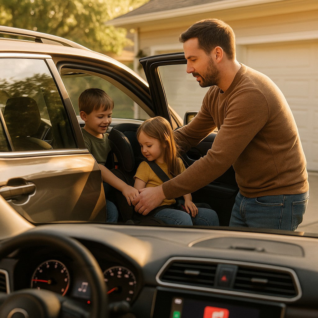 Father loading kids in car CarPlay music auto-starts