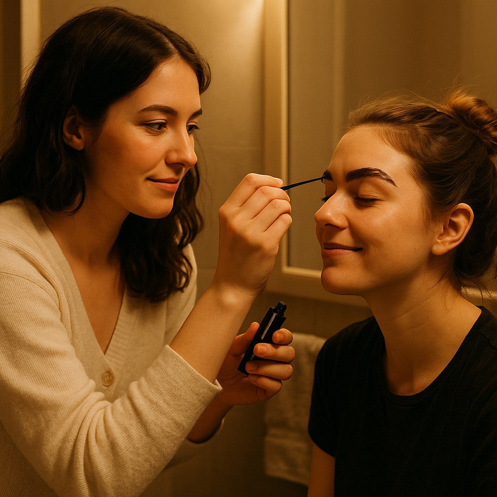 Friend helping friend tint brows at home