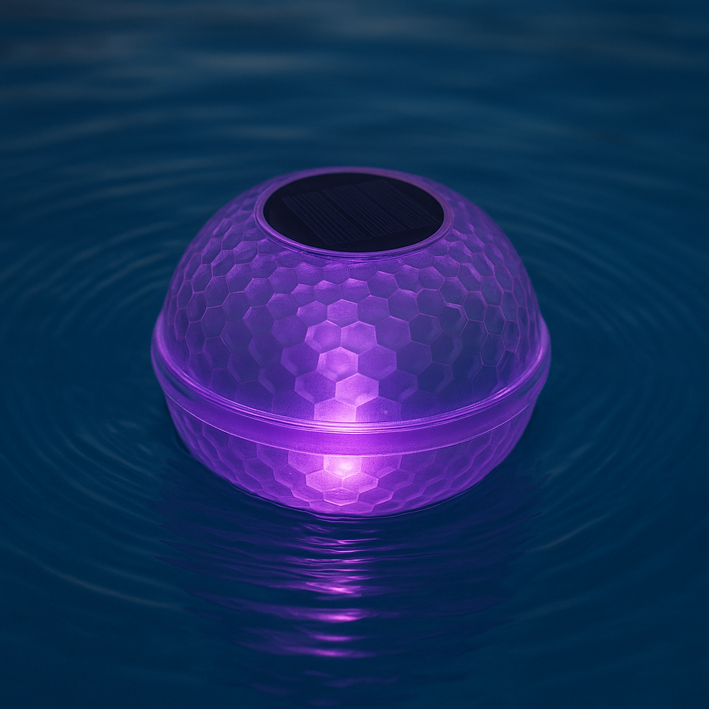 Close-up solar pool light glowing purple on water