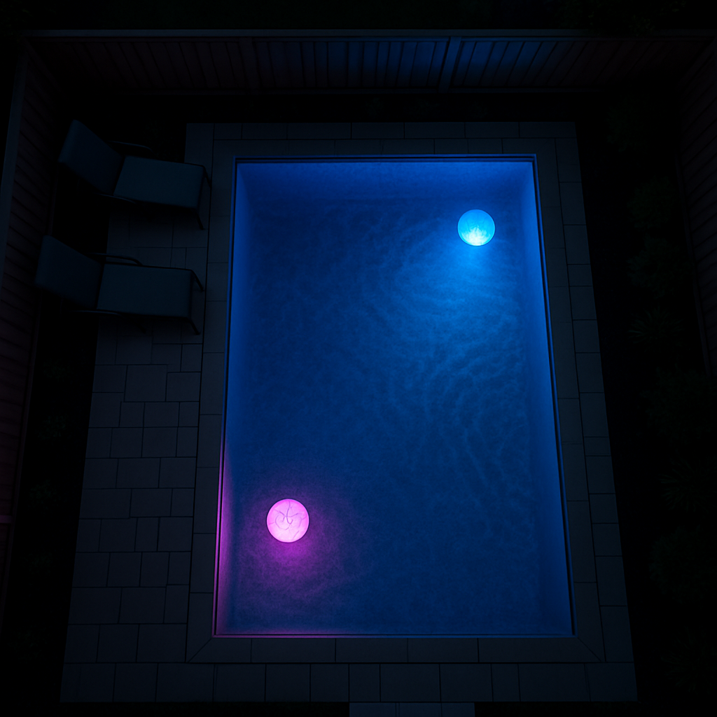 Overhead drone view of pool with two solar lights