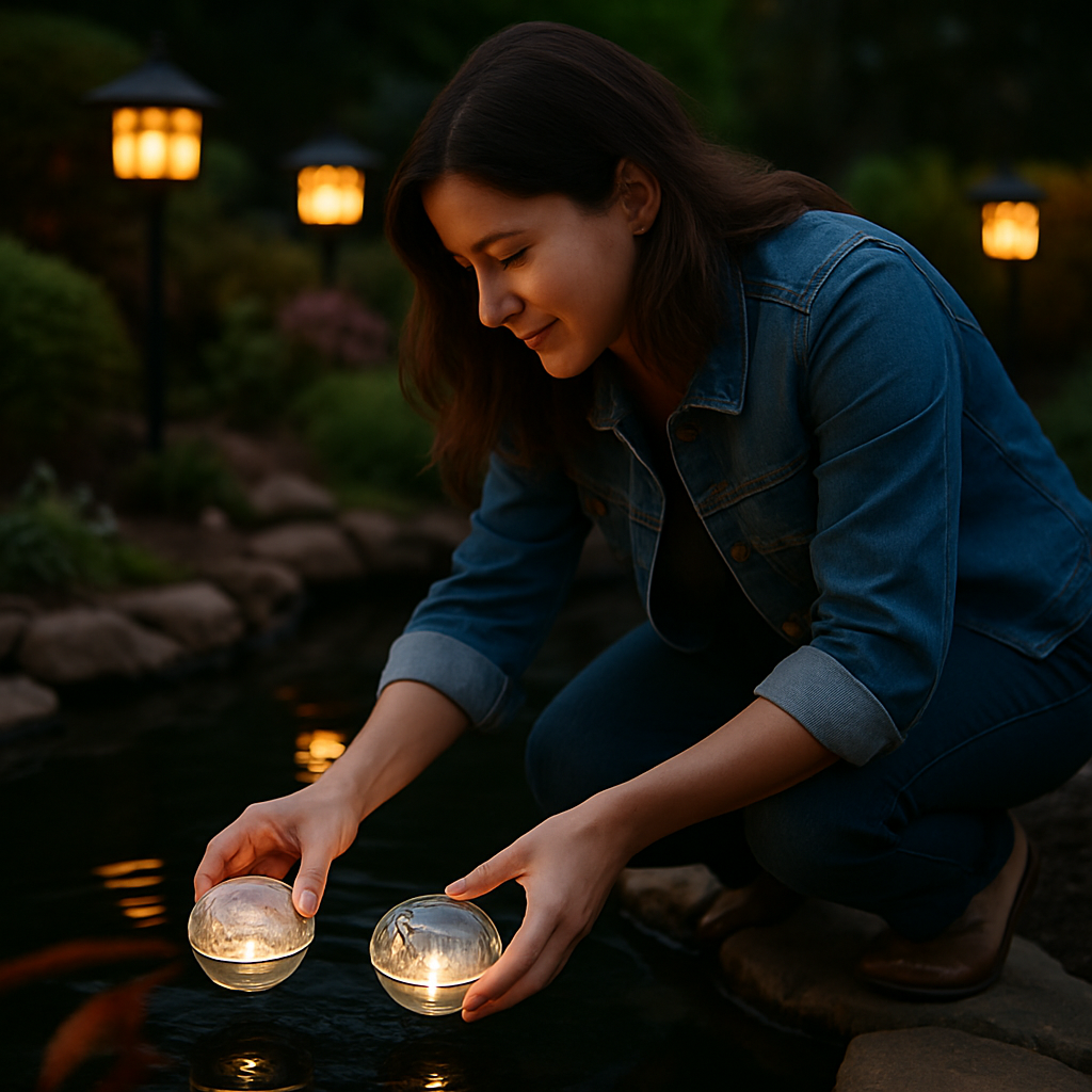 Woman placing solar pool lights in koi pond at dusk