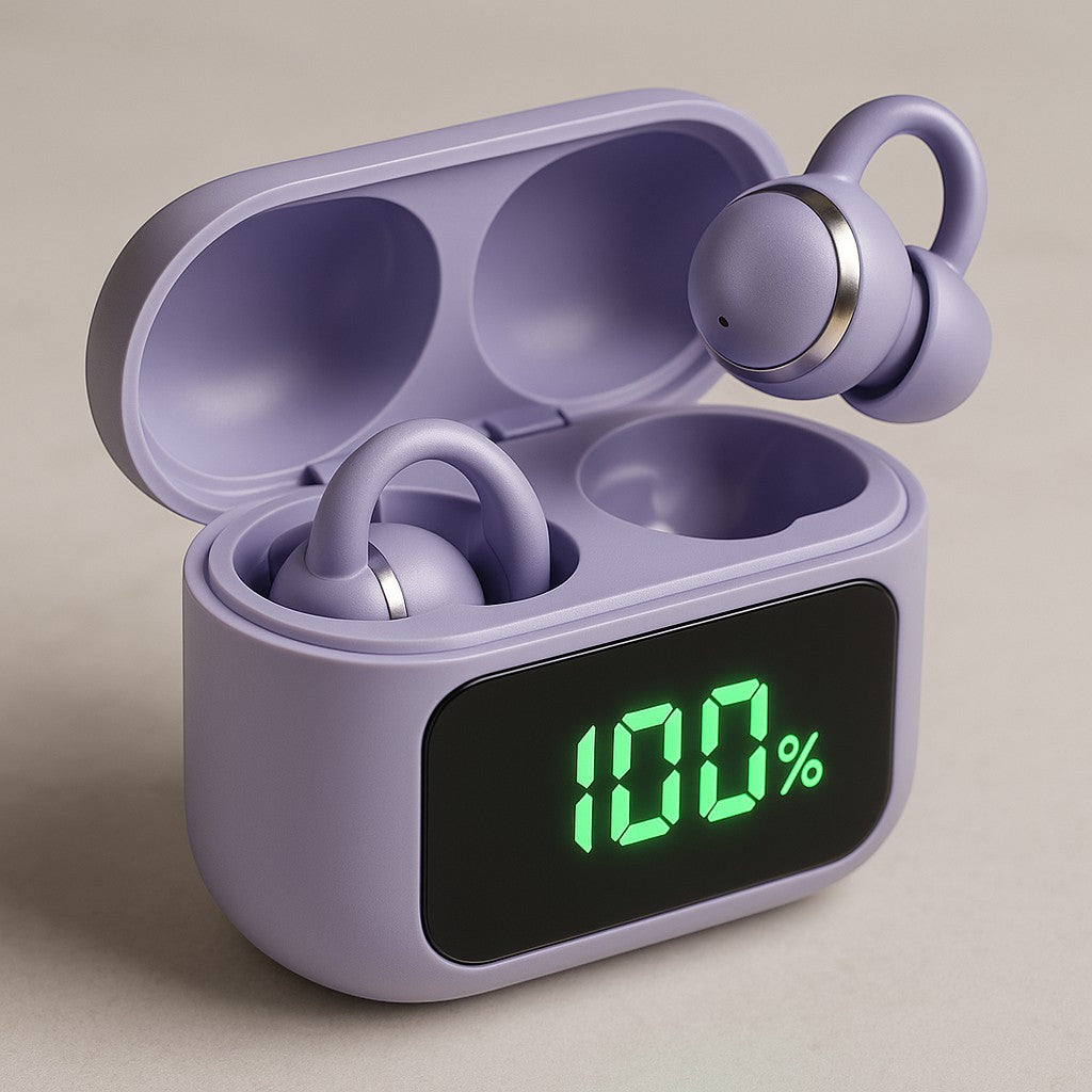 Close-up purple earbud case LED touch screen battery