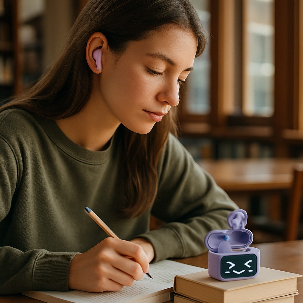 Student studying with purple LED case in library