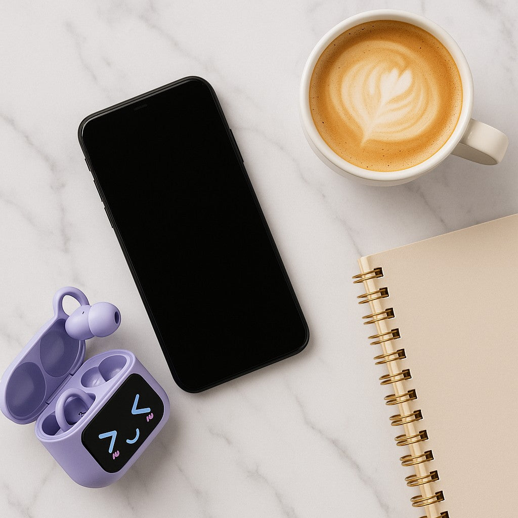 Flat lay purple LED earbud case smartphone latte