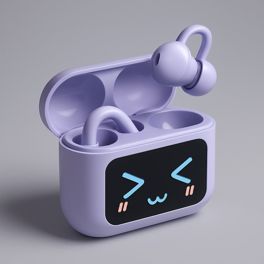 Purple wireless earbud case LED display product shot