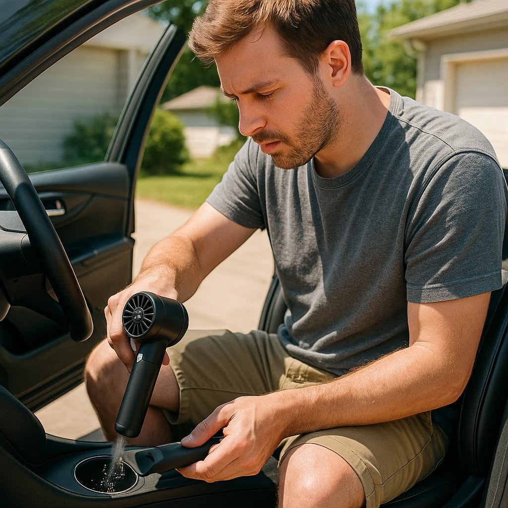 Man cleaning car cup holder with handheld cordless vacuum