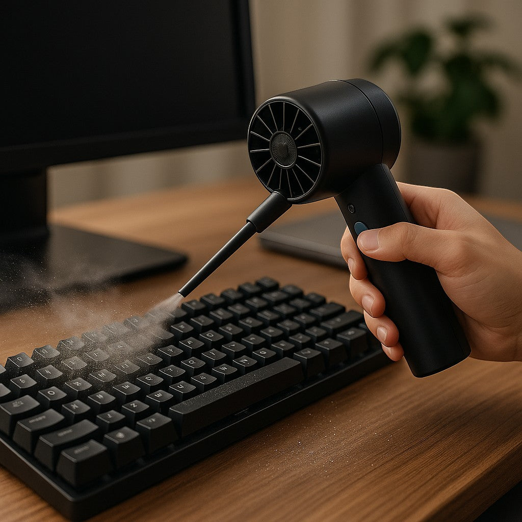 Mini handheld vacuum blasting dust off mechanical keyboard