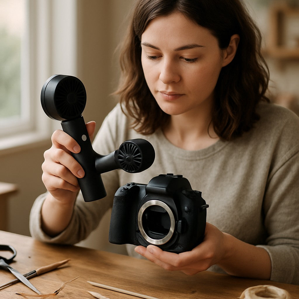 Woman dusting DSLR camera with handheld electric blower