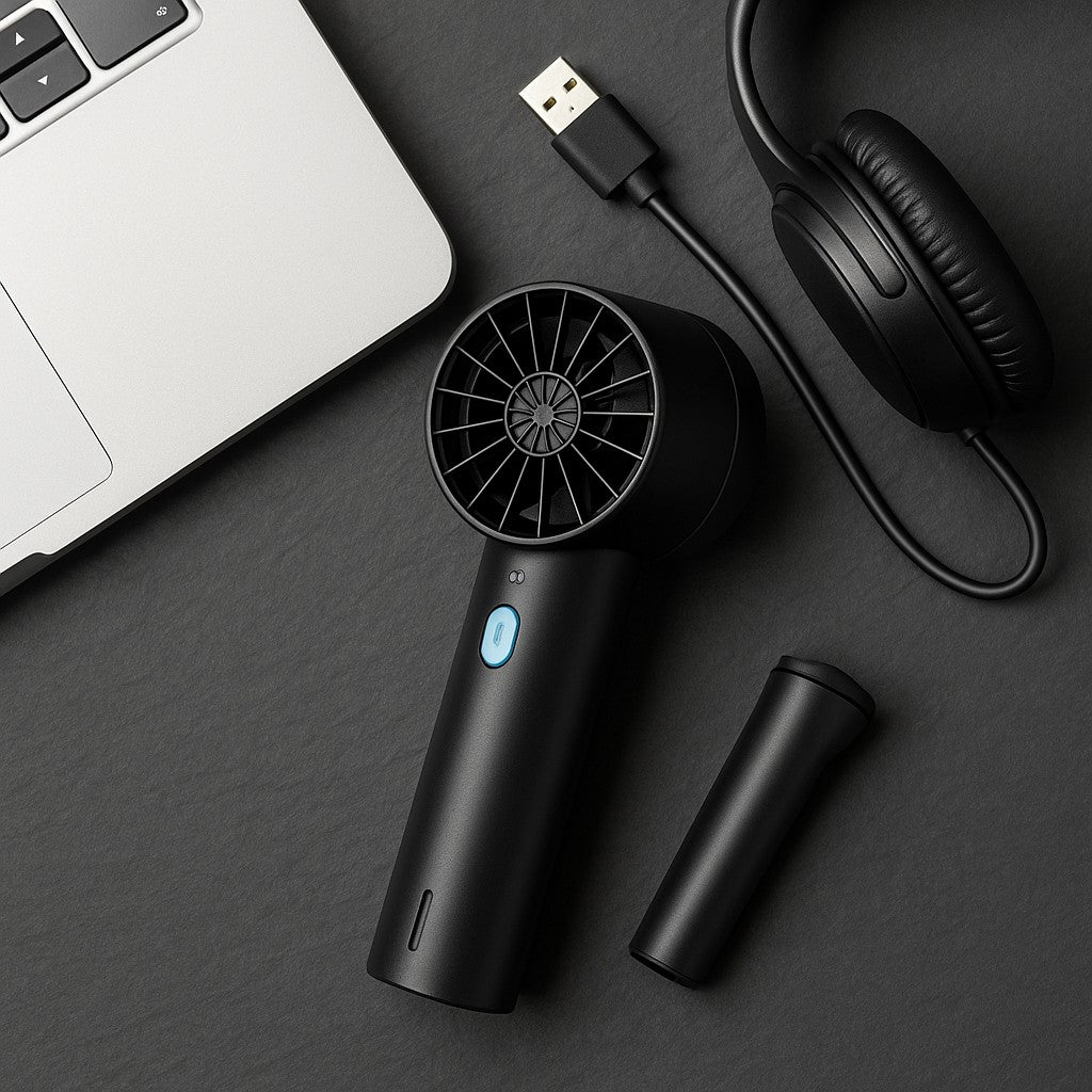 Flat lay compact handheld vacuum on slate desk with laptop