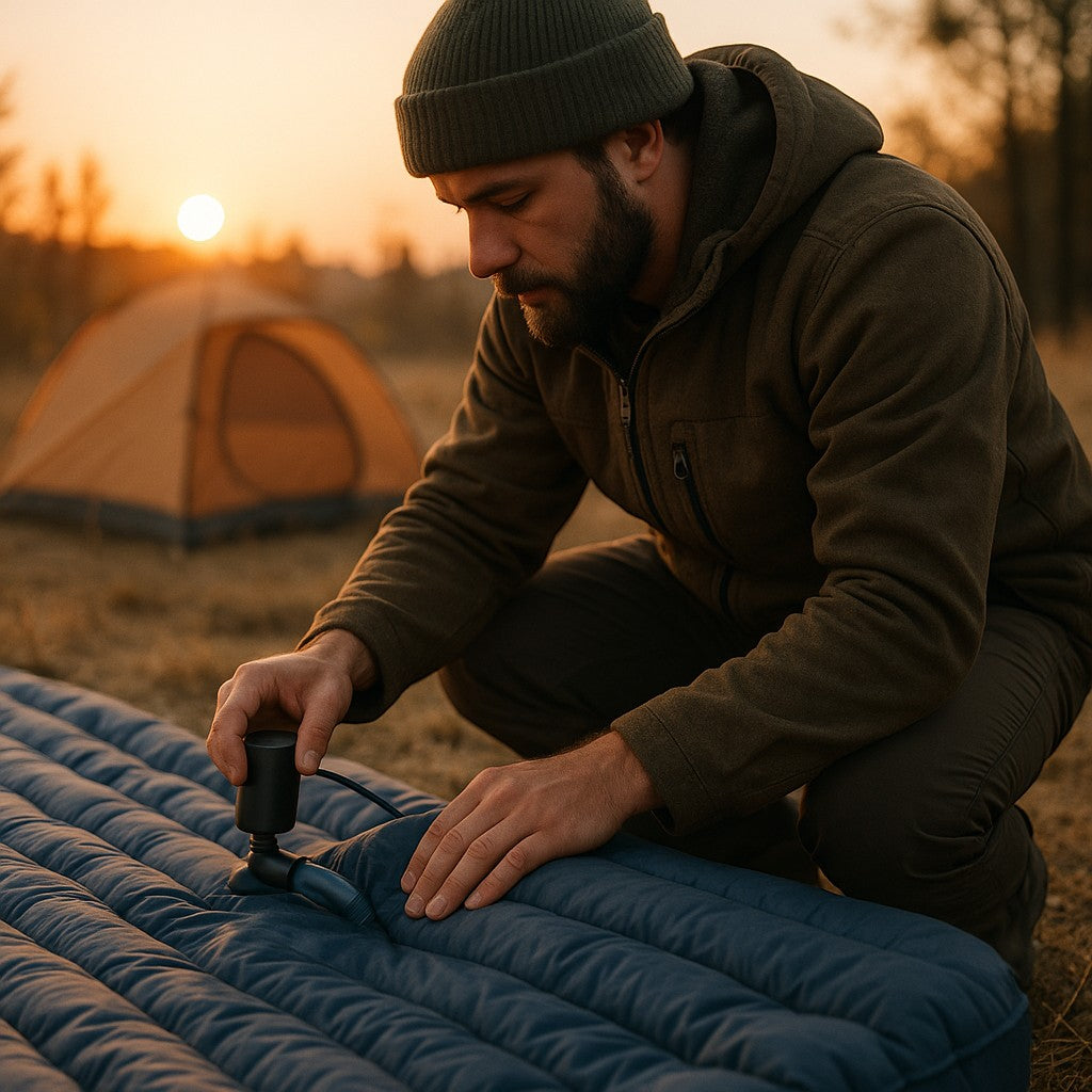 Camper deflating air mattress with mini pump at dawn
