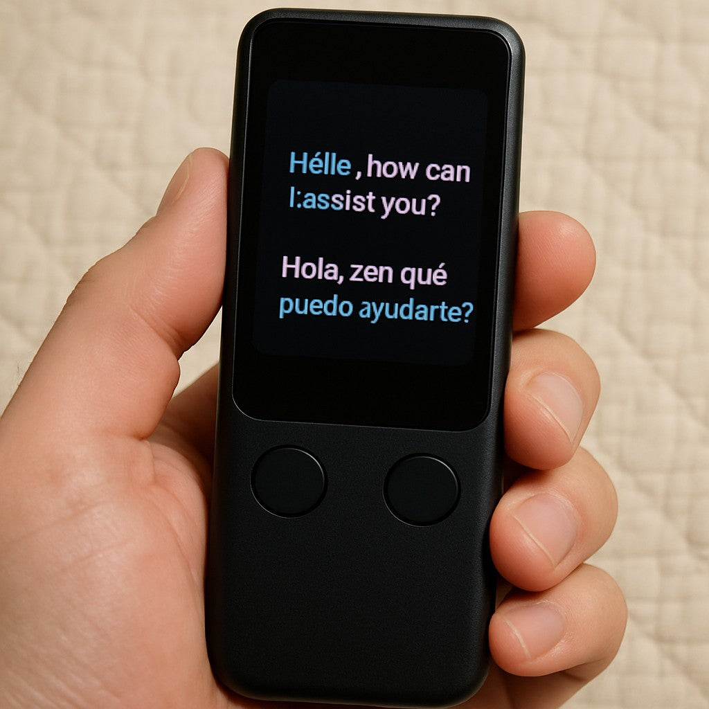 Close-up handheld AI translator screen showing translation