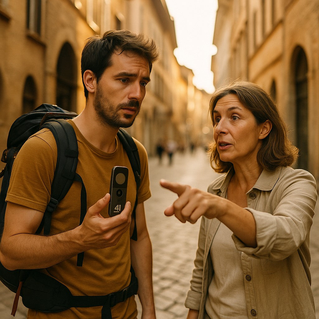 Backpacker asking directions with translator in European street