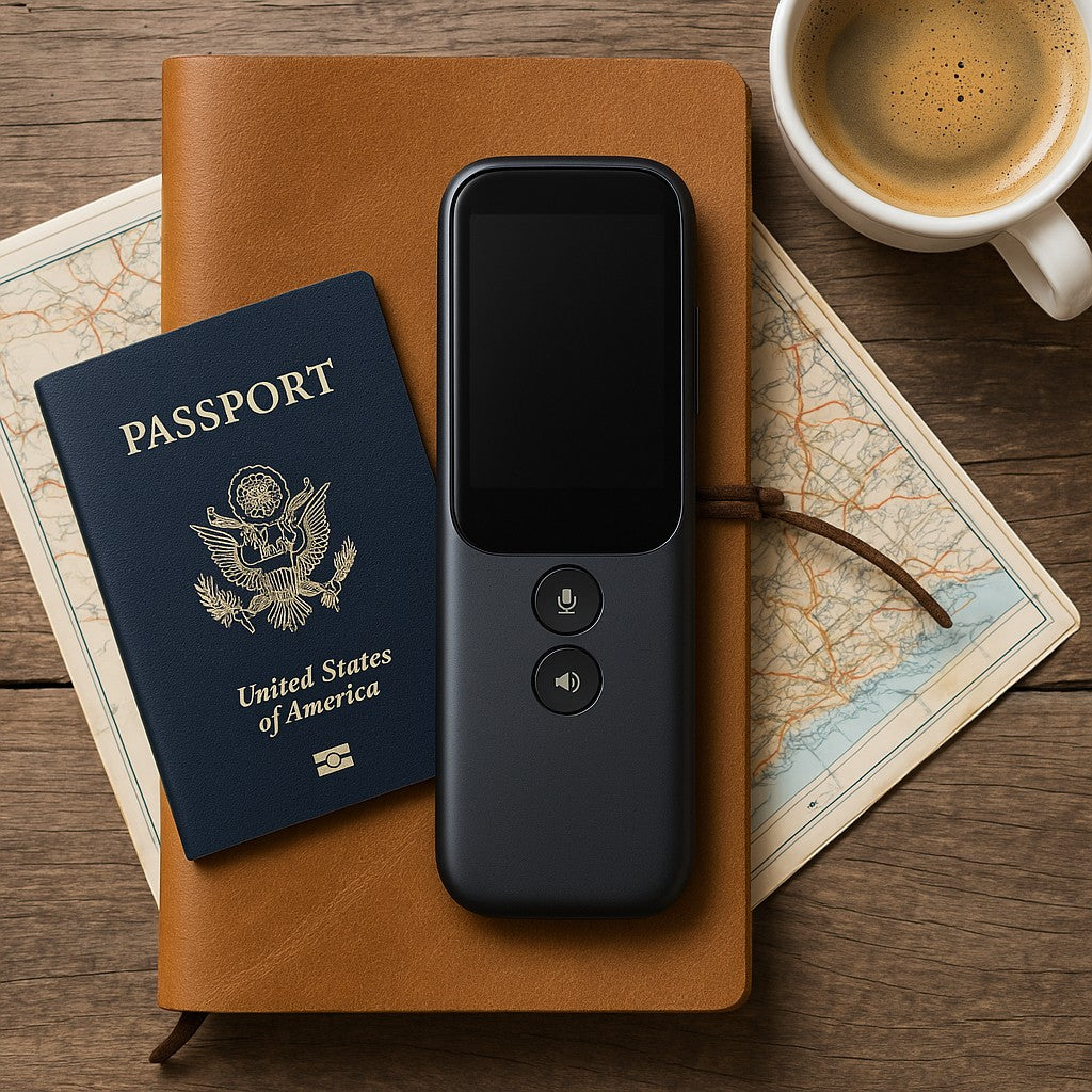 Flat lay AI translator on travel journal passport map