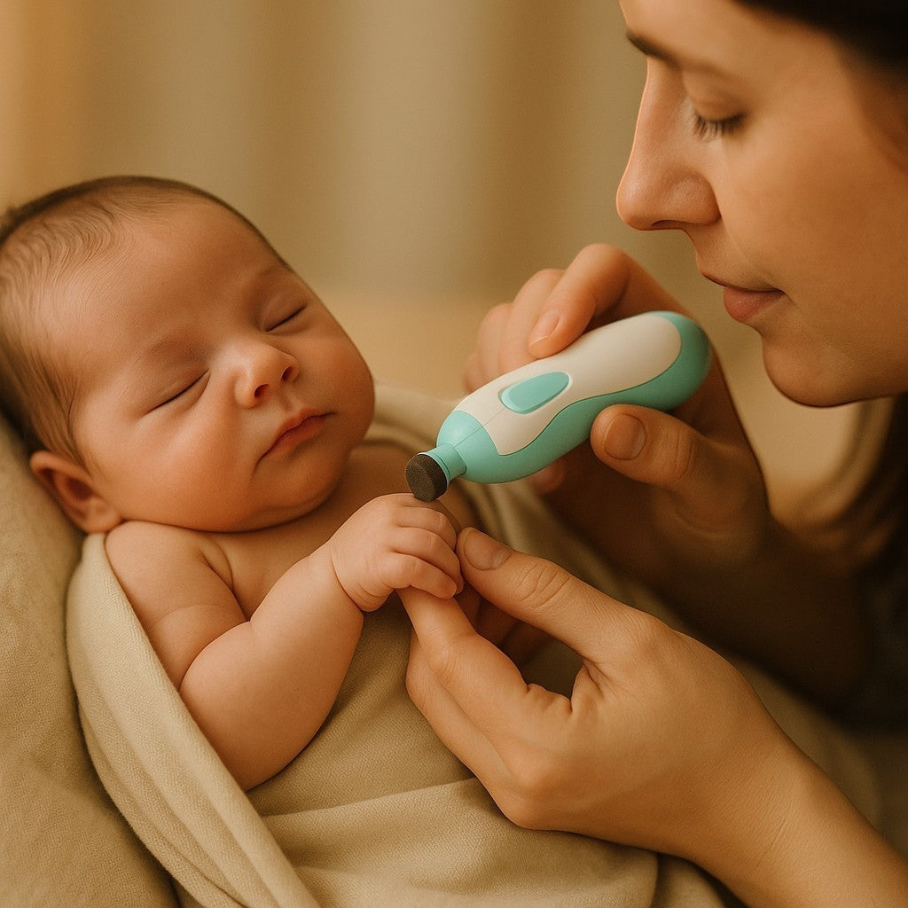 Mother using teal electric baby nail trimmer on newborn