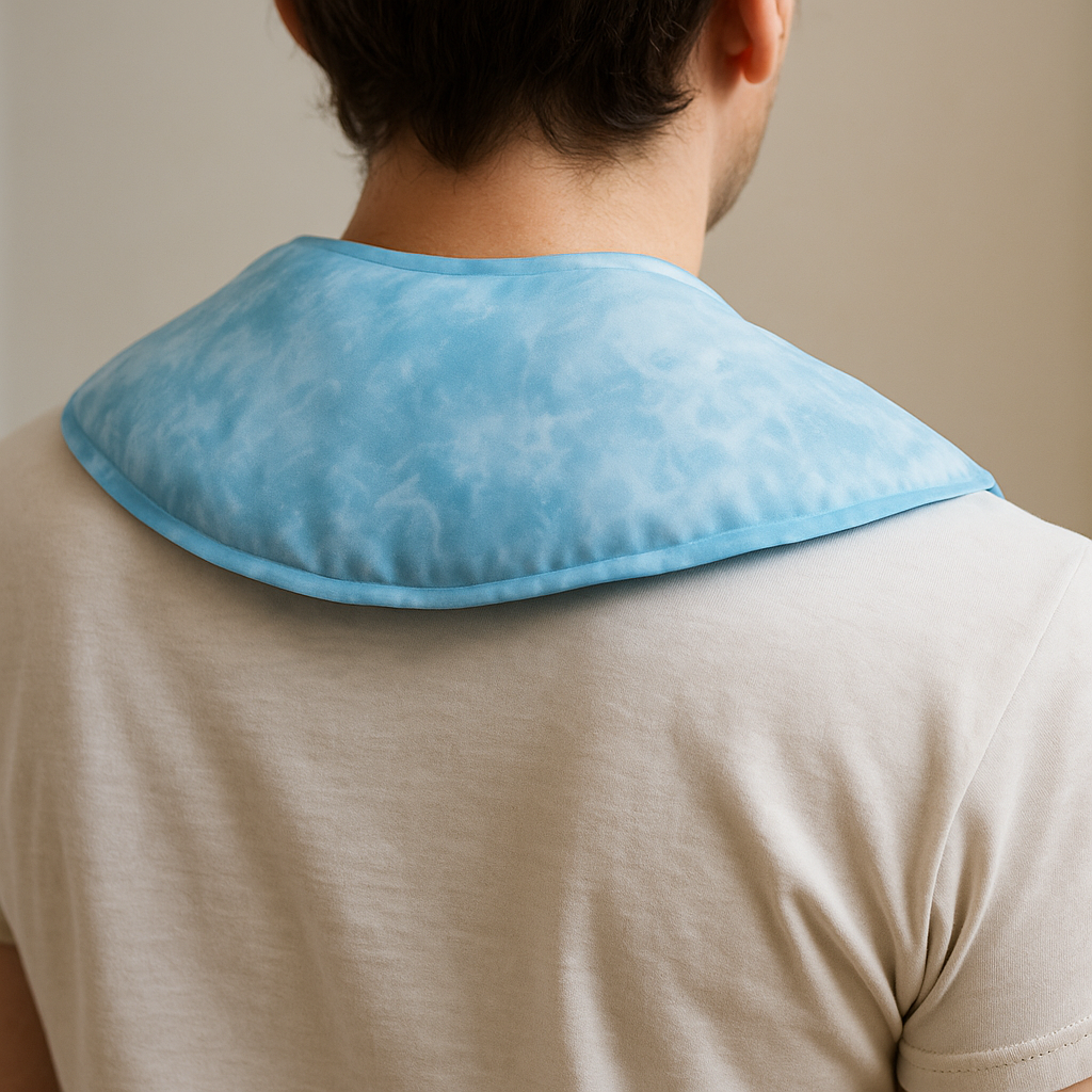 Close-up pale blue PCM cooling neck wrap on shoulders