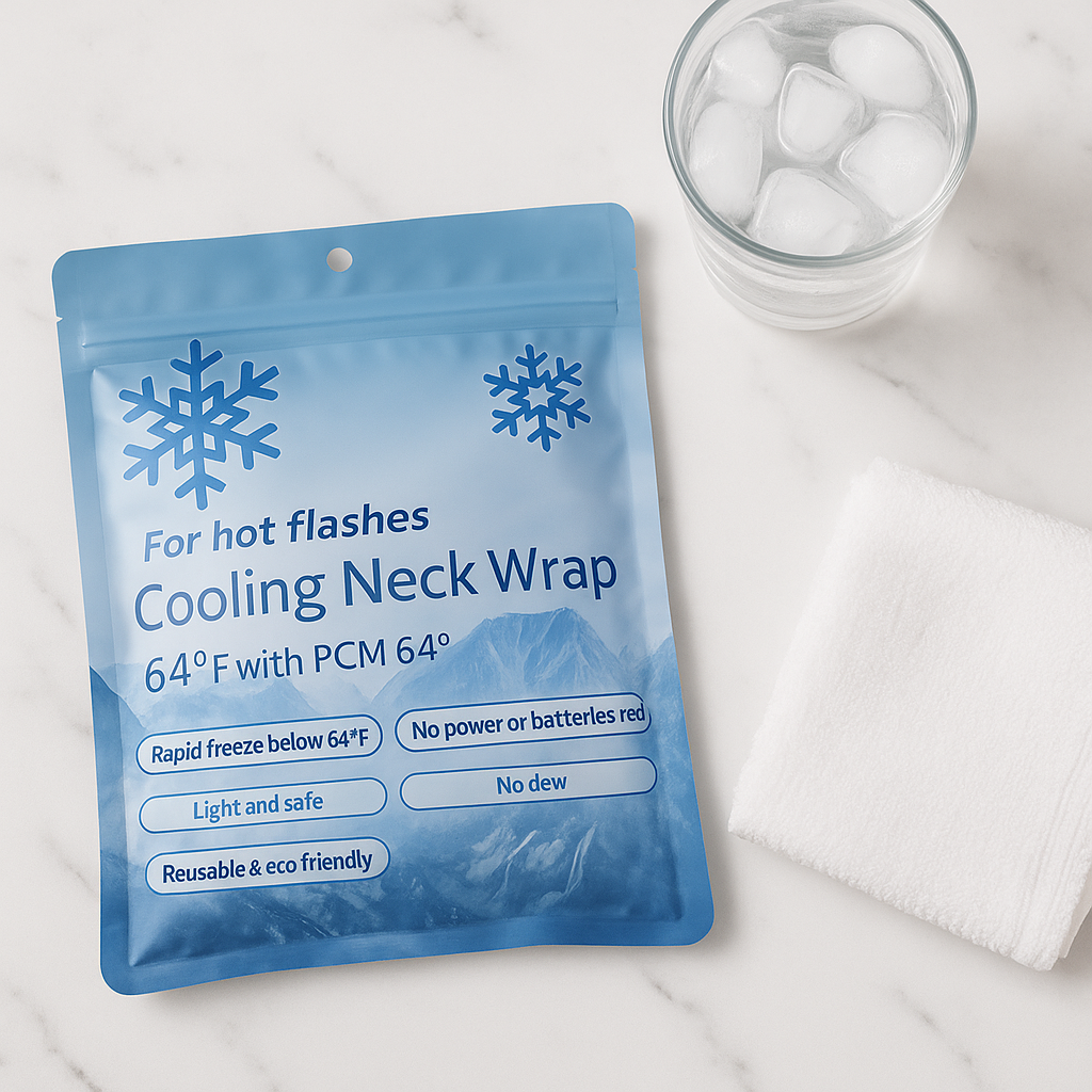 Overhead PCM cooling neck wrap on marble with ice water
