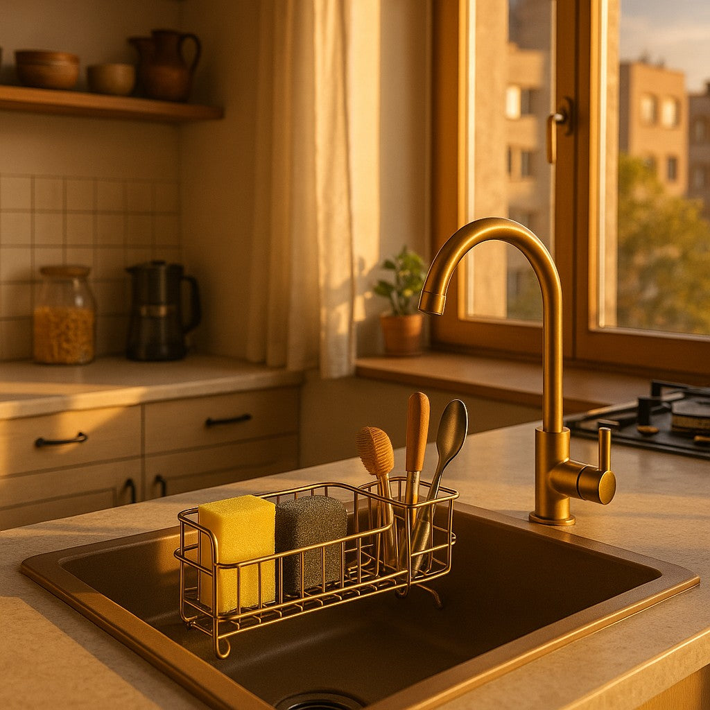 Kitchen Sink Sponge Holder Drain Rack Matte Gold
