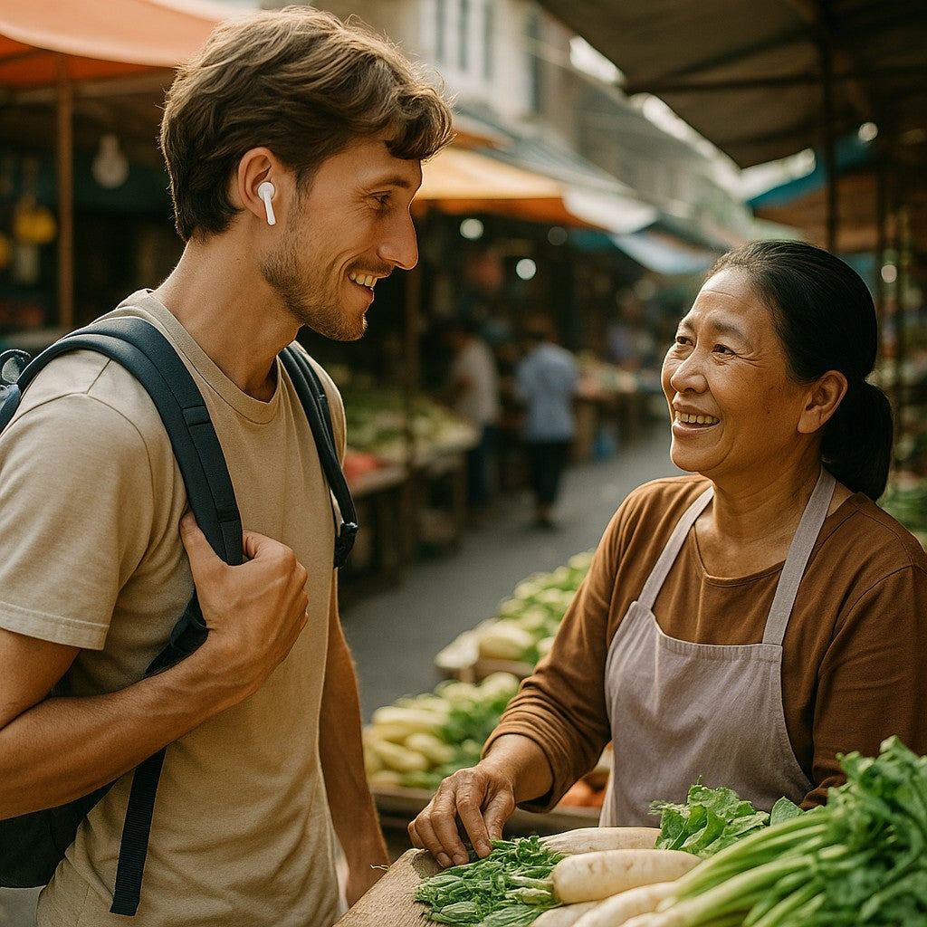 Traveler at open-air market using translator earbuds