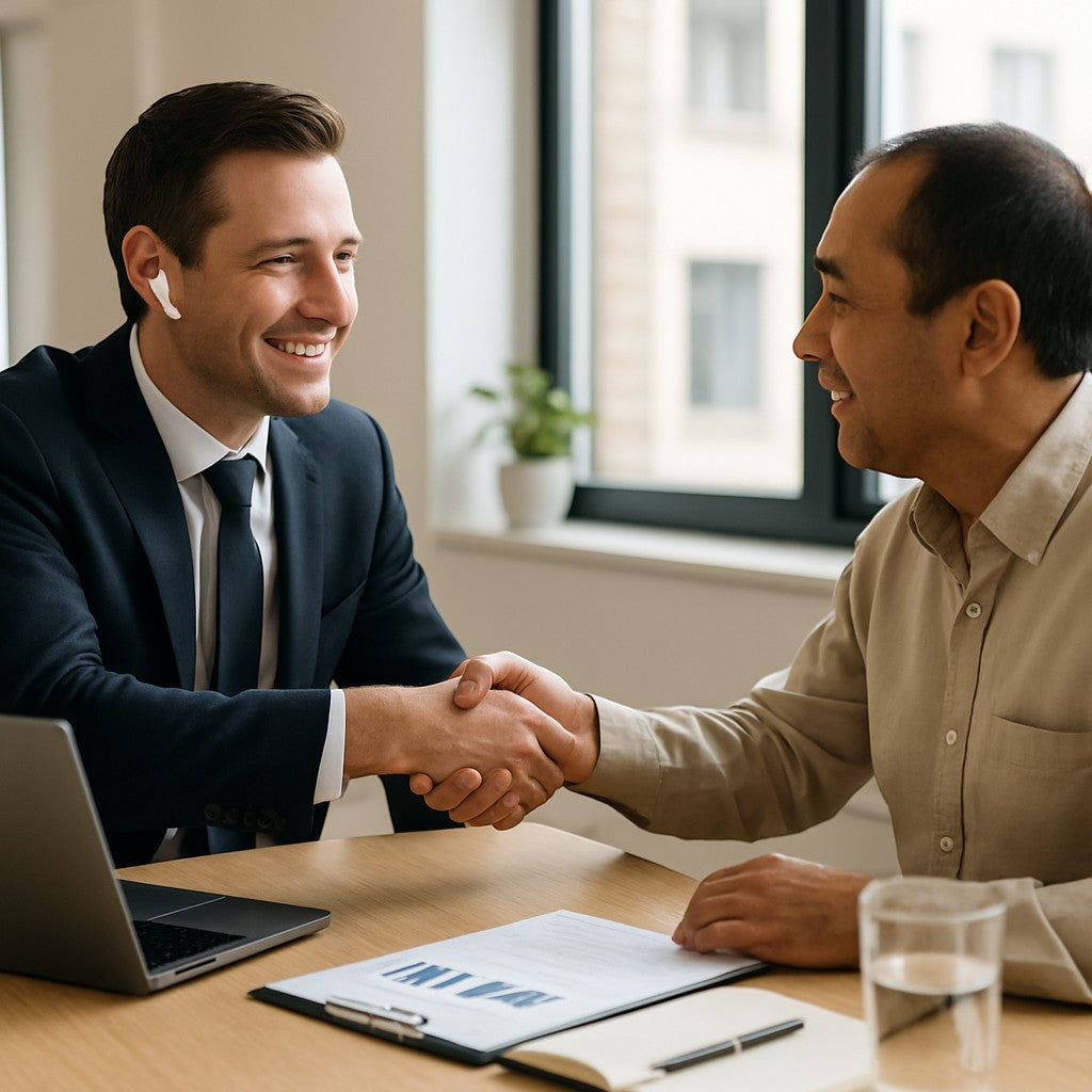 Business meeting with translator earbuds