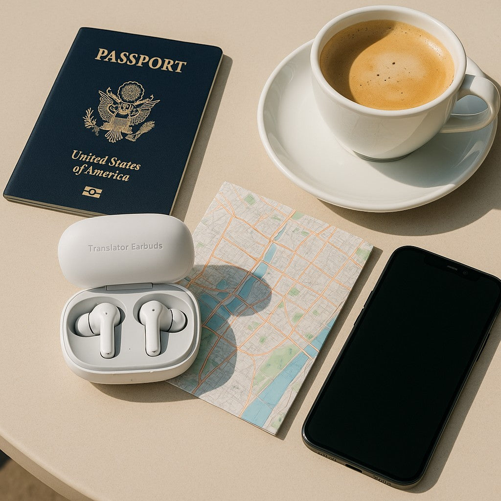 Flat-lay of earbud case with travel items