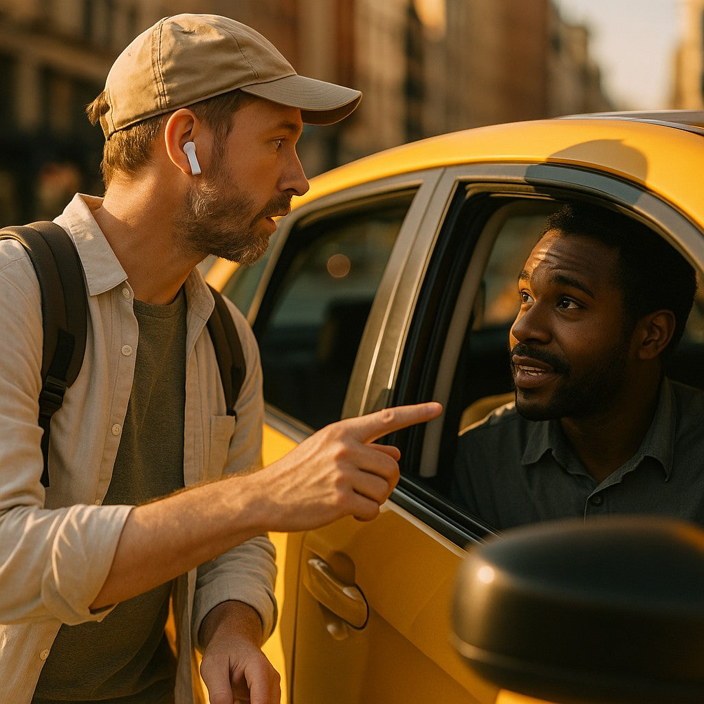 Tourist talking to taxi driver