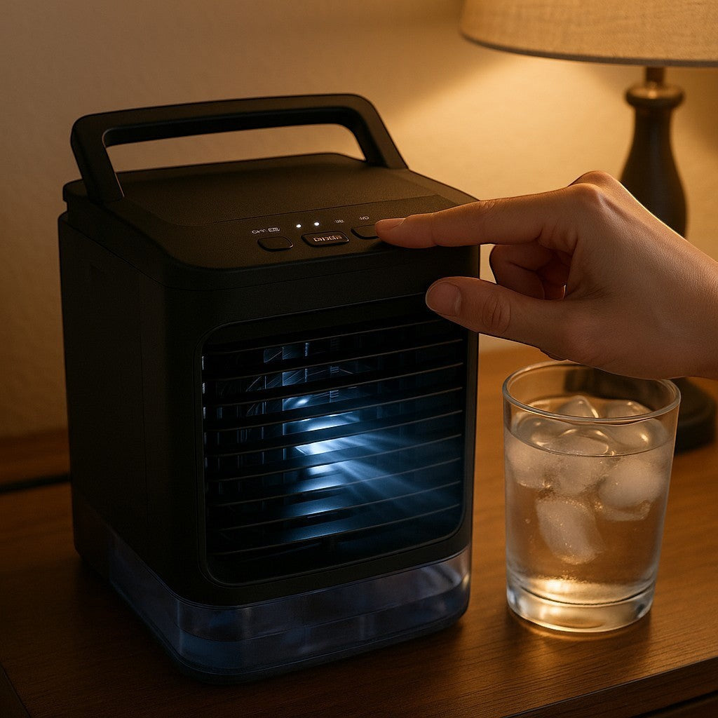 Portable AC fan on nightstand