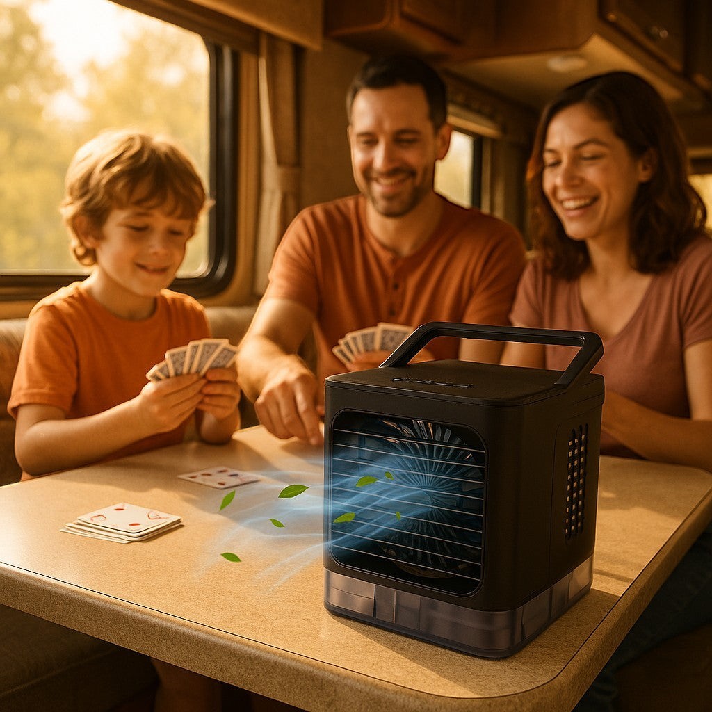 RV interior with AC fan on table