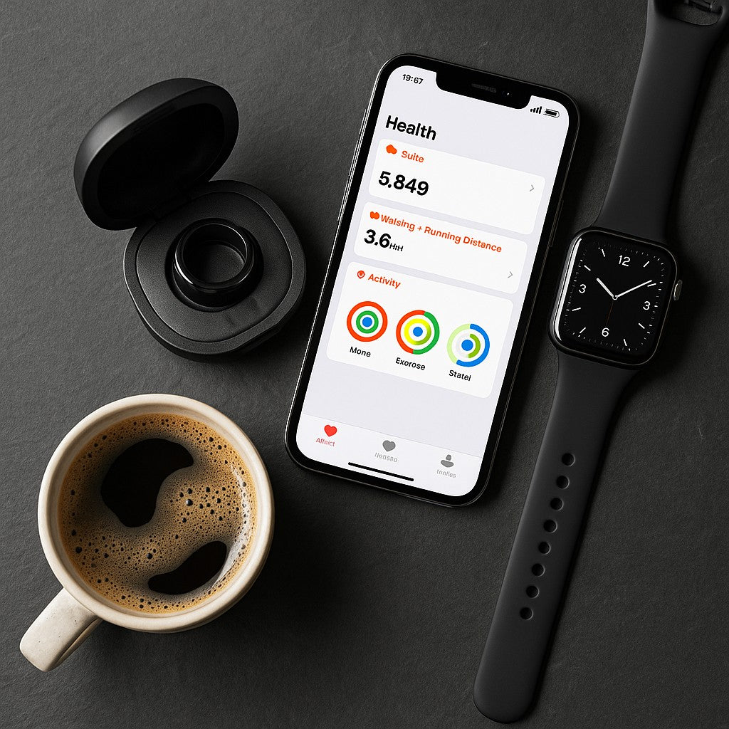 Smart Ring R9-8 Black Health Tracker Wireless Charging Dock