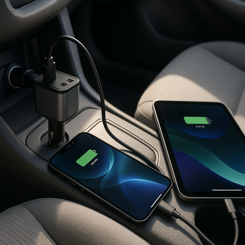 Super Fast Charge 4-in-1 Car Charger Built-In Lightning USB-C Cables 4 Ports