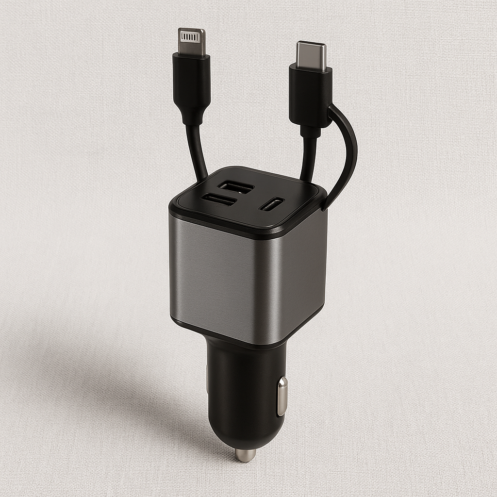 Super Fast Charge 4-in-1 Car Charger Built-In Lightning USB-C Cables 4 Ports