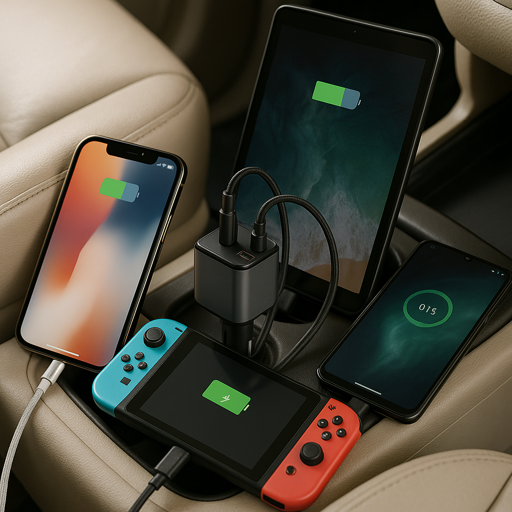 Super Fast Charge 4-in-1 Car Charger Built-In Lightning USB-C Cables 4 Ports
