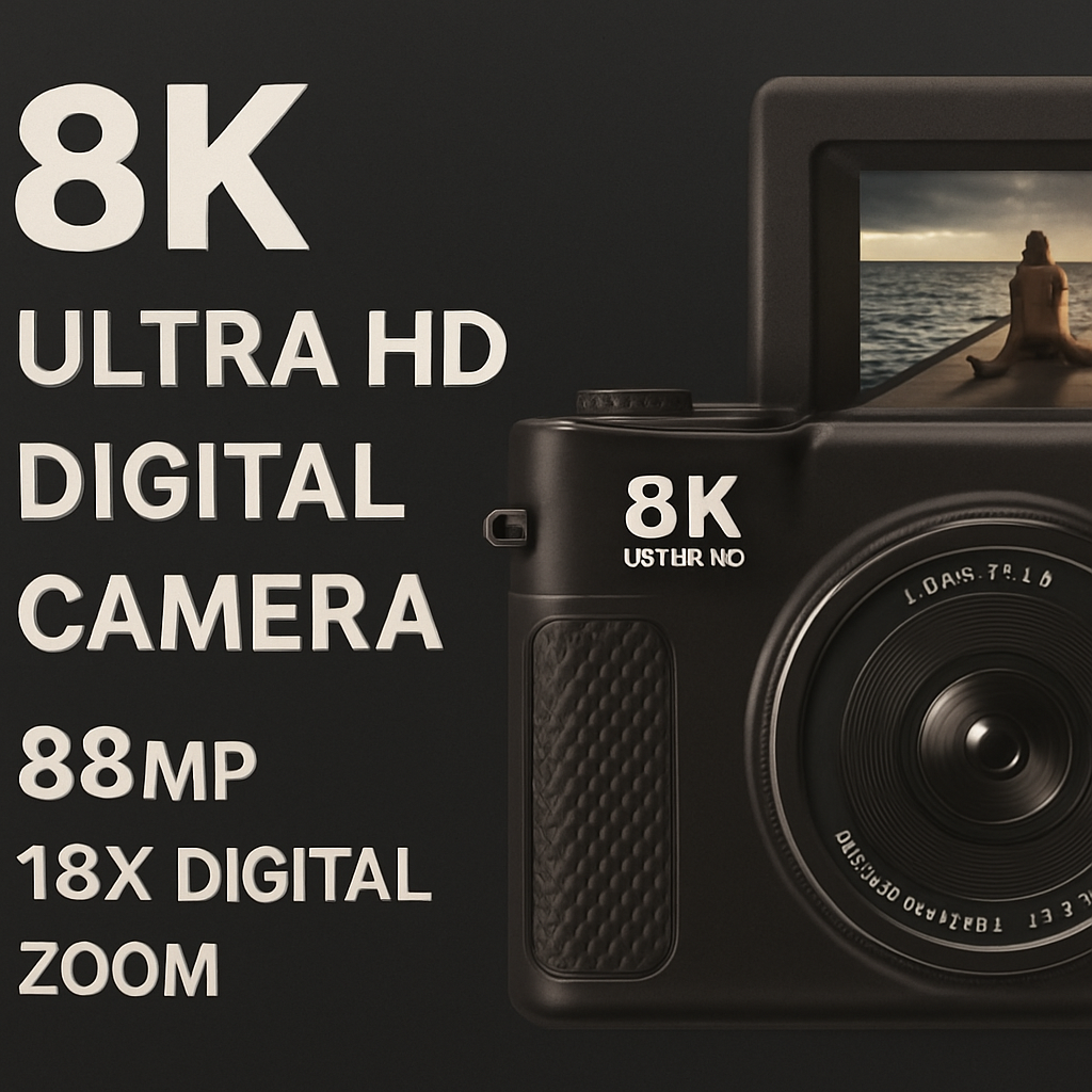 8K Ultra HD Digital Camera, 88MP, 18X Digital Zoom, Flip Screen