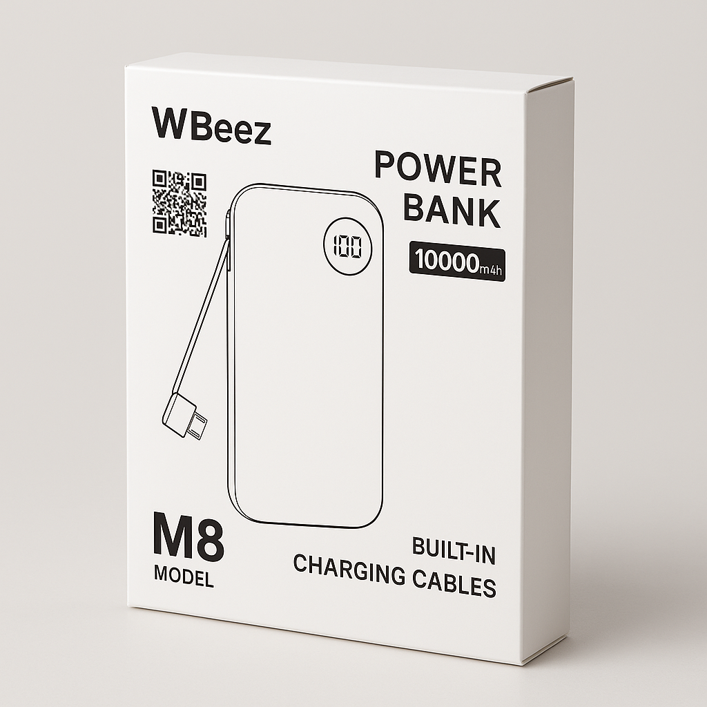 WBeez Power Bank 10000mAh, Model M8, Built-In Charging Cables