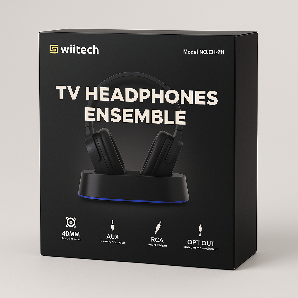 Swiitech TV Headphones Ensemble, Model CH-211, Wireless with Charging Dock