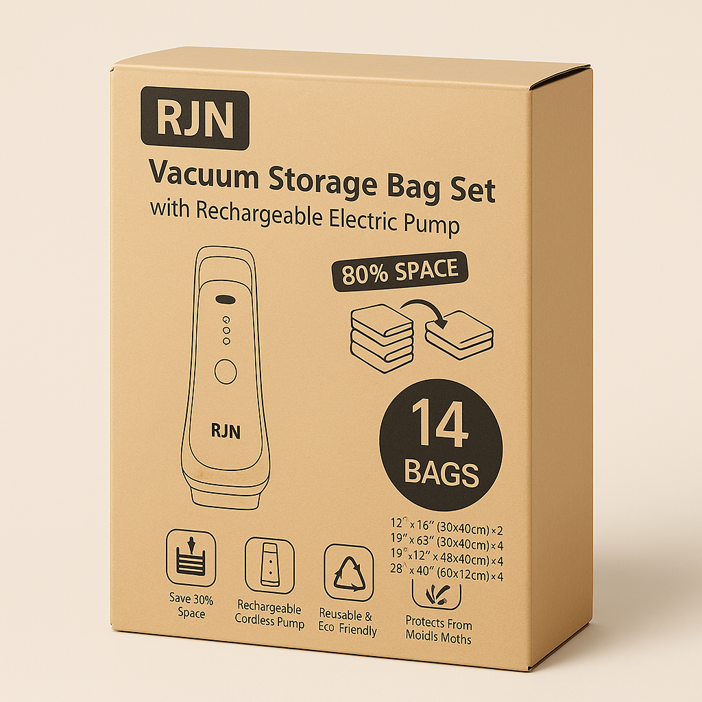 RJN Vacuum Storage Bag Set 14 Bags Rechargeable Pump