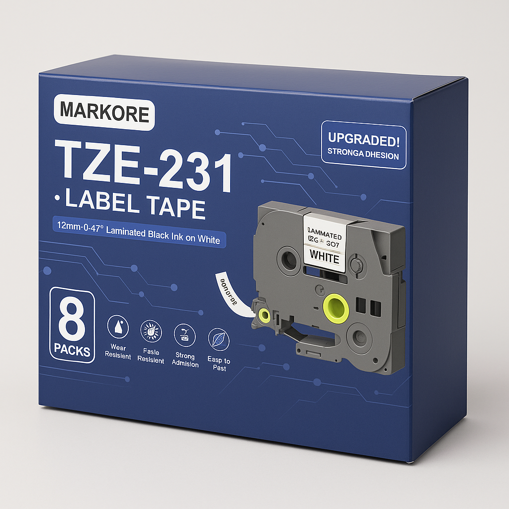 MARKORE TZE-231 Label Tape 8-Pack, 12mm Black on White