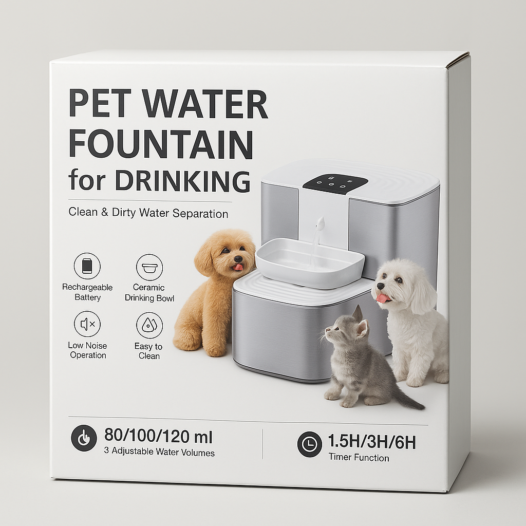 Pet Water Fountain with Ceramic Bowl, Rechargeable, Timer
