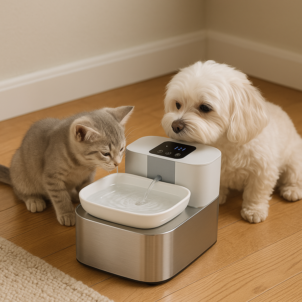 Pet Water Fountain with Ceramic Bowl, Rechargeable, Timer