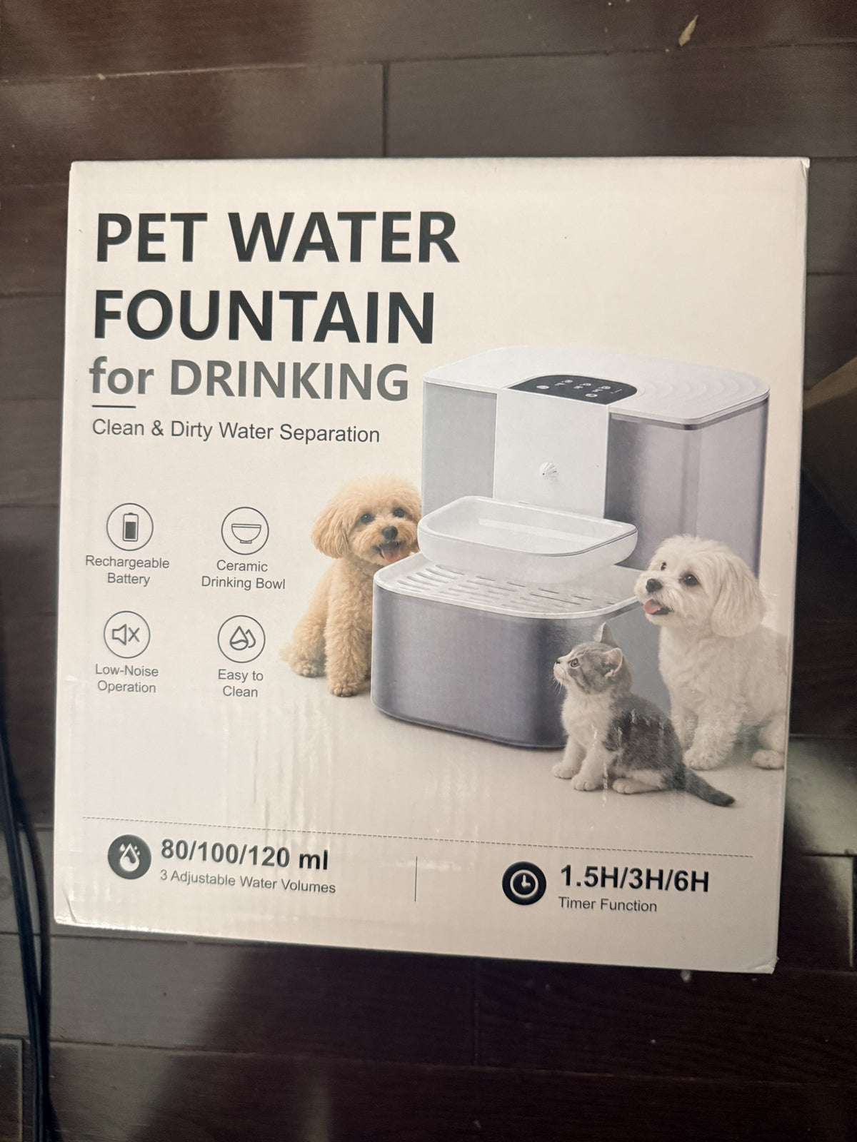 Pet Water Fountain with Ceramic Bowl, Rechargeable, Timer