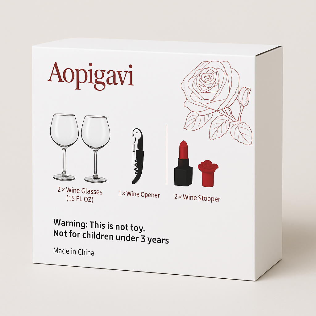 Aopigavi Wine Gift Set, 2 Wine Glasses, Opener & 2 Stoppers